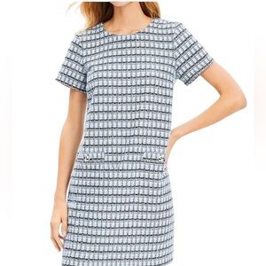 LOFT Blue Tweed Shift Dress Button Pocket Accent Midi Blue and White Size 10 New